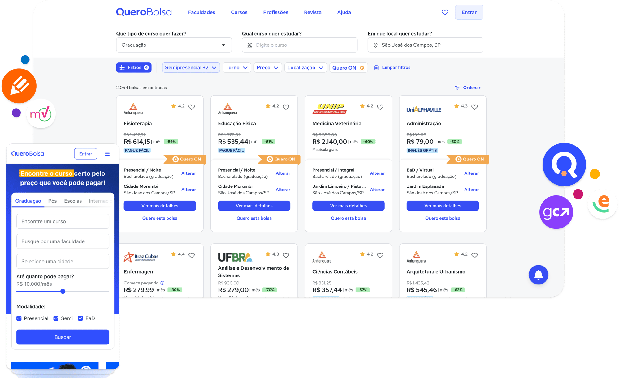 Tela do site Quero Bolsa exibindo resultados de cursos com bolsas de estudo, com destaque para a busca por graduação e as marcas do ecossistema educacional da Quero Tela do site Quero Bolsa exibindo resultados de cursos com bolsas de estudo, com destaque para a busca por graduação e as marcas do ecossistema educacional da Quero